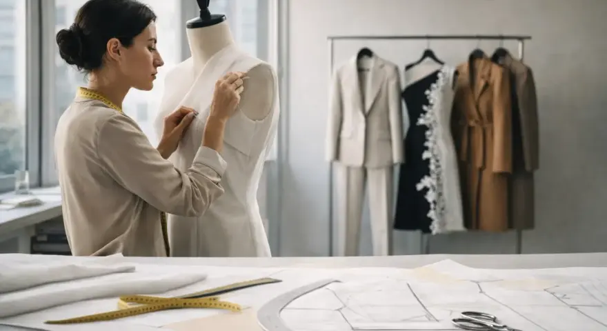 Modista ajusta un vestido en un maniquí, rodeada de patrones y prendas de **marcas pret a porter** colgadas en perchas.