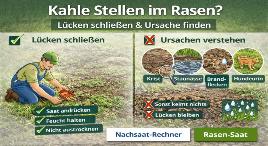 Mann sät Rasen nach, um kahle Stellen im Rasen zu beheben. Ursachen wie Krist, Staunässe, Brandflecken und Hundeurin werden gezeigt.