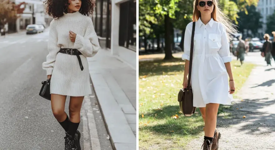 Deux femmes portent une robe avec bottes. L'une, en robe pull crème, arbore des bottes noires lacées. L'autre, en robe chemise blanche, porte des bottes marron.