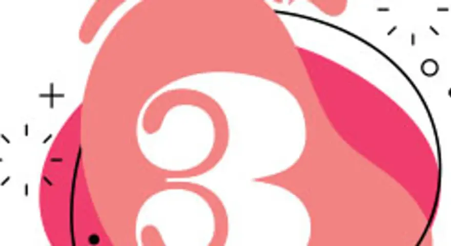 Stylizowana cyfra 3, moja liczba numerologiczna, otoczona abstrakcyjnymi kształtami i elementami graficznymi.