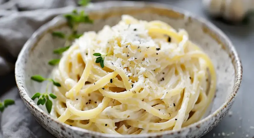 En skål med krämig ostsås pasta, toppad med riven ost och färska örter. En perfekt middag!