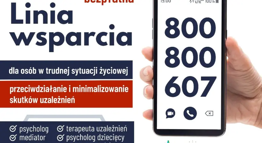 Darmowa infolinia dla alkoholików i ich bliskich. Numer 800 800 607 oferuje wsparcie psychologiczne, mediacje i pomoc prawną.