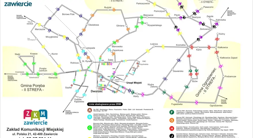 Schemat połączeń komunikacji miejskiej ZKM Zawiercie z zaznaczonymi liniami autobusowymi i przystankami.