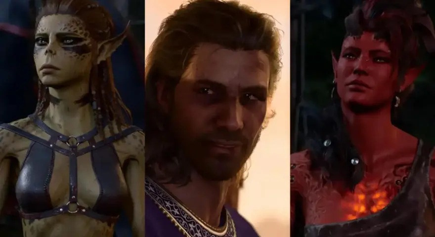 Tres personajes de Baldur's Gate 3: una mujer con piel moteada, un hombre con cabello largo y una mujer demonio. ¿Cuál será tu romance?