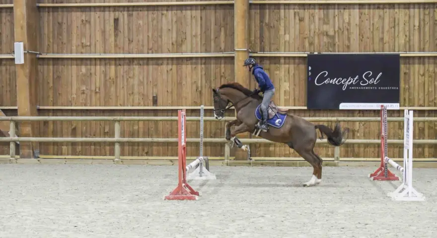 Cavalier et cheval sautent un obstacle dans un manège couvert, rappelant l'ambiance du lido de Camaiore.