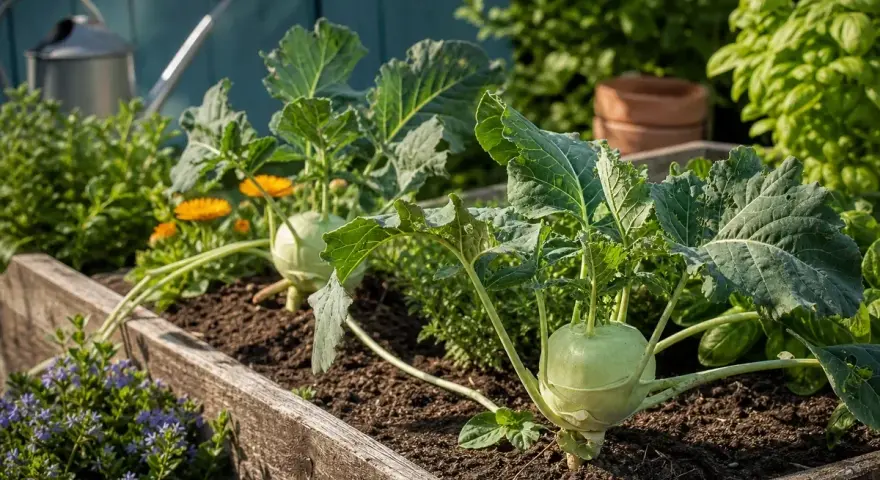 Kohlrabi wächst prächtig im Hochbeet, umgeben von Kräutern und Blumen. Gute Nachbarn für eine reiche Ernte.