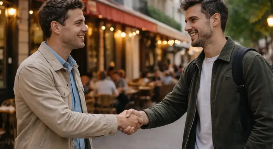 Dos hombres sonríen mientras se dan la mano frente a un café parisino. Uno le dice al otro "merci" para agradecerle en francés.