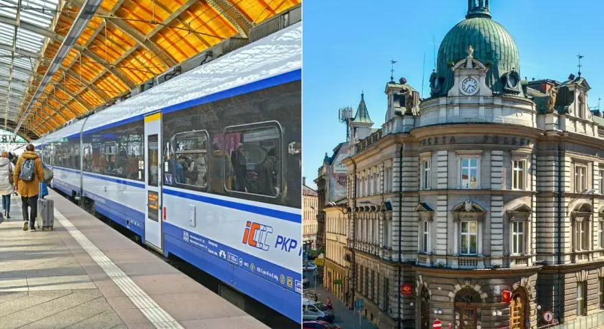 Pociąg PKP IC na peronie, gotowy do podróży. Obok zabytkowy budynek Poczty Polskiej. Czy to początek drogi do Wiednia?