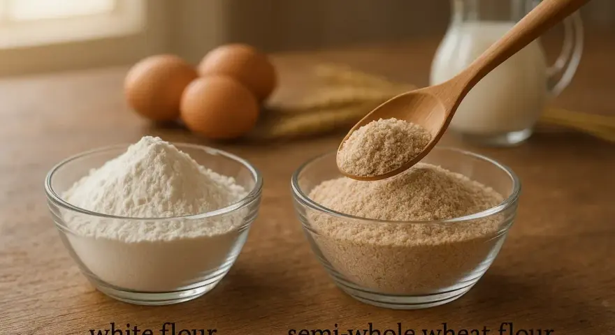 Deux bols de farine, l'un blanc, l'autre semi-complet, avec des œufs et du lait en arrière-plan. Une cuillère montre la farine semi-complète, une option pour remplacer la farine blanche.