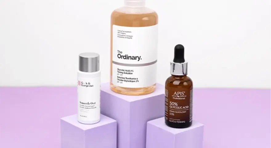 Produkty z kwasem glikolowym od The Ordinary, APIS i G&G. Efekty jak z transparent lab.