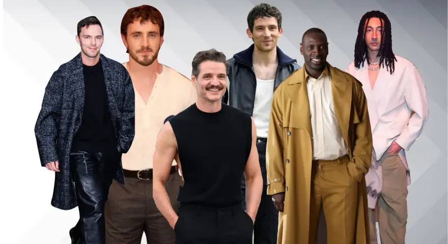 Un gruppo di attori maschili posa con look eleganti. Tra i nomi attori maschili presenti, si riconoscono volti noti del cinema.