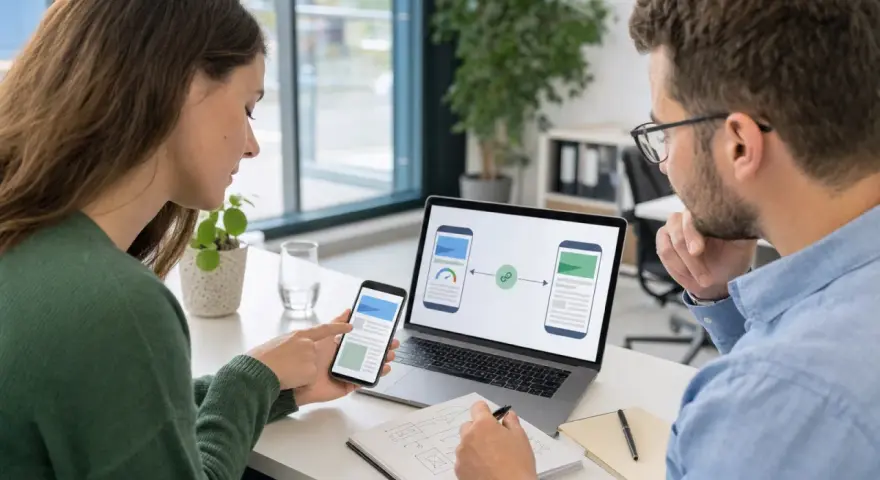 Zwei Personen besprechen am Laptop und Smartphone ein Webdesign. Die Bildschirme zeigen eine Verknüpfung, die an amp google erinnert.