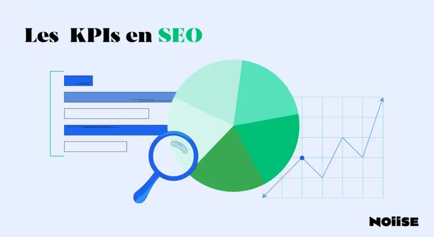 Les KPIs en SEO : analyse de performance avec graphiques, camembert et loupe. Optimisez votre score SEO WordPress.
