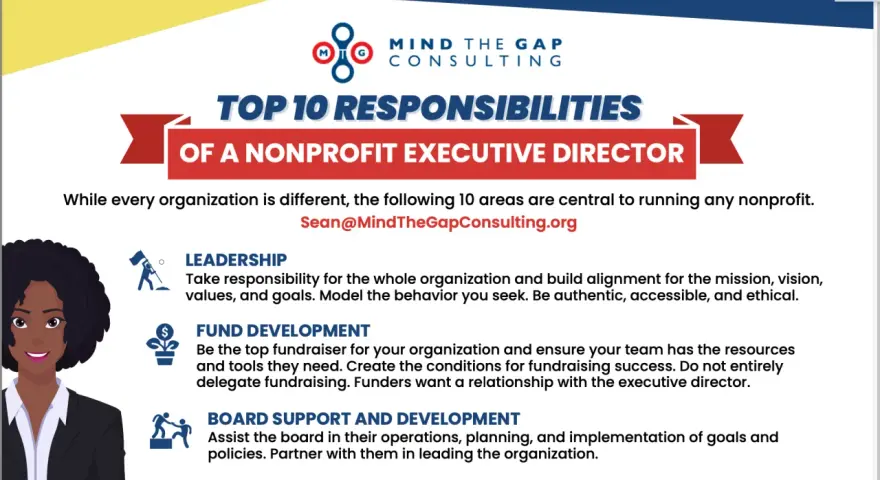 An executive director leads a nonprofit, focusing on leadership, fund development, and board support.