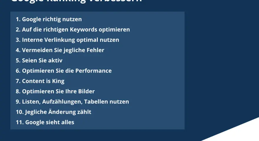 Tipps zur Verbesserung des Google Rankings, inklusive Video SEO. Liste mit 11 Punkten, von Keywords bis zur Bildoptimierung.