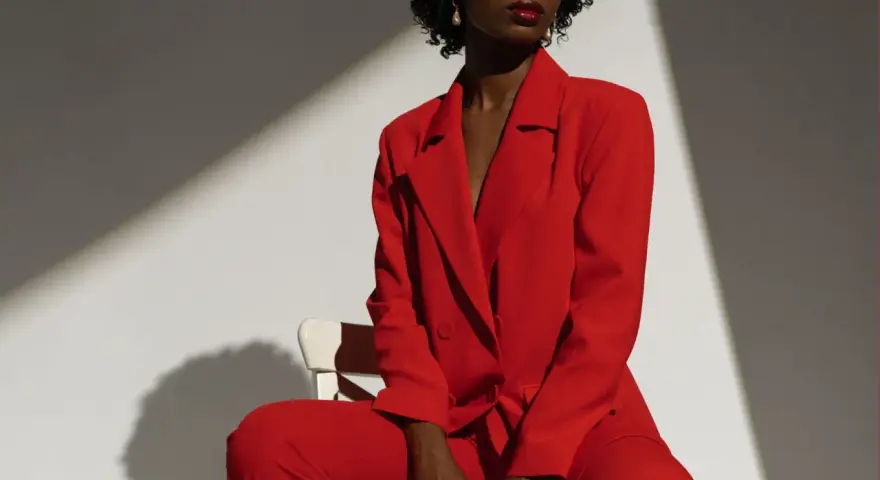 Une femme porte un tailleur pantalon rouge vif, un exemple parfait de comment porter un blazer rouge femme avec assurance.