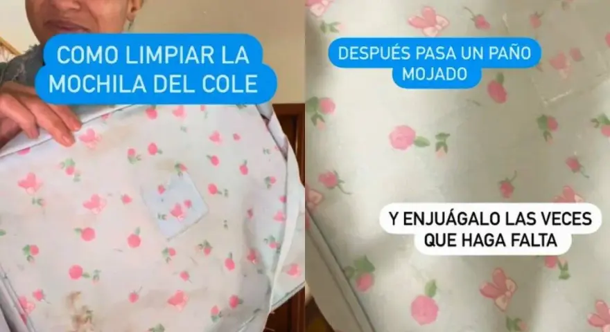 Mochila sucia con flores y mariposas. Aprende como limpiar una mochila sin mojarla, usando un paño húmedo y enjuagando las veces necesarias.