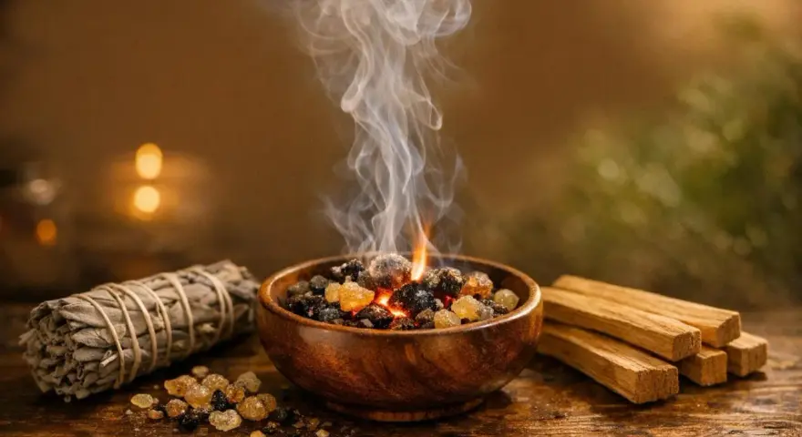 Humo ascendente de resinas en un cuenco de madera, junto a un atado de salvia y palos de palo santo. Aprende como leer el humo del palo santo.