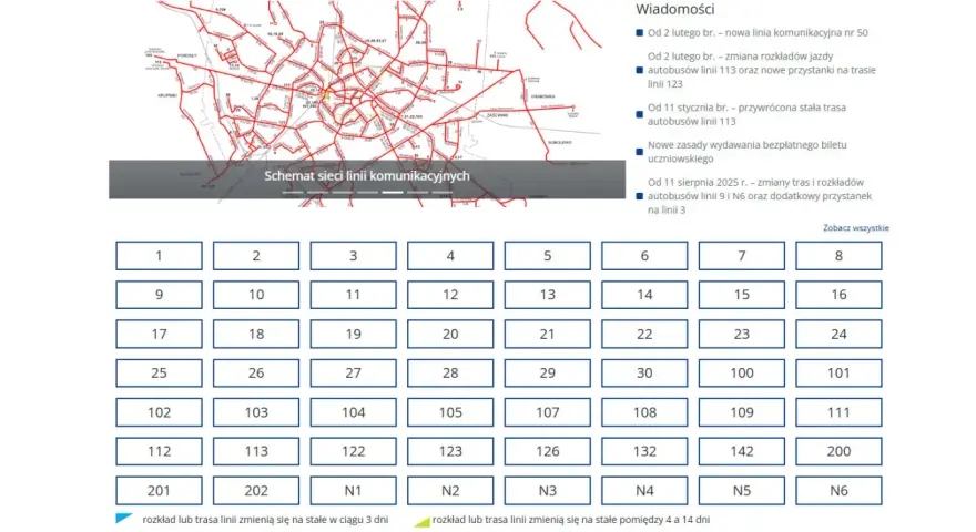 Schemat sieci komunikacyjnej z widocznym rozkładem jazdy linii 50. Dostępne są numery linii od 1 do 202 oraz linie N1-N6.