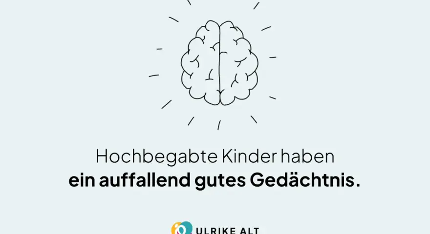 Ein Gehirn-Symbol über dem Text "Hochbegabte Kinder haben ein auffallend gutes Gedächtnis." Dies könnte Teil eines hochbegabte Kinder Tests sein.