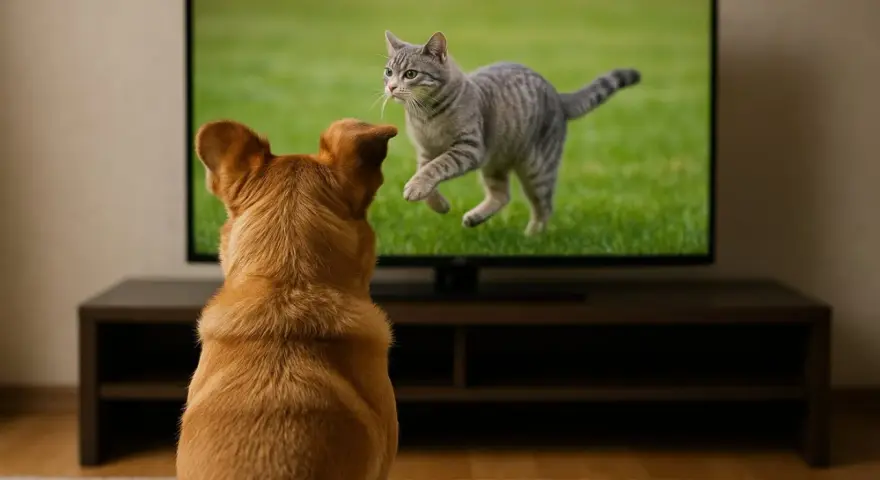Rudy pies z uwagą obserwuje na ekranie telewizora uciekającego kota. Tak właśnie widzi pies telewizor, gdy na ekranie pojawia się jego ulubiony przeciwnik.