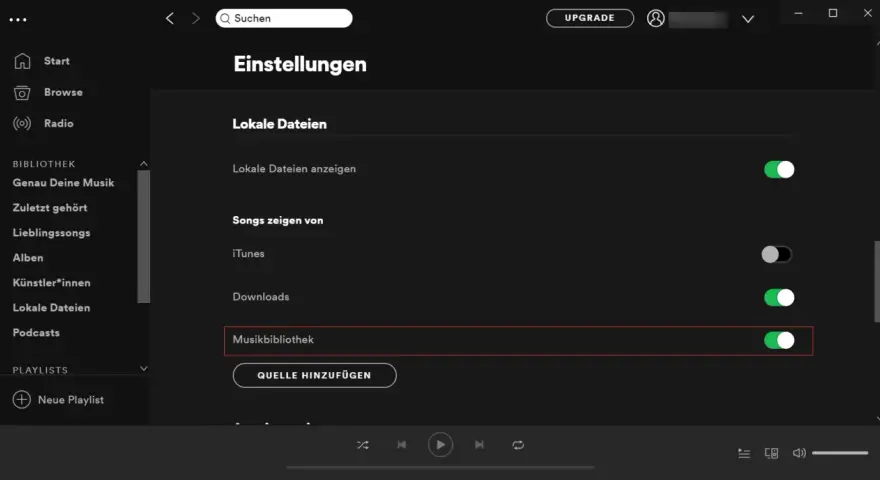 Spotify Einstellungen: Lokale Dateien anzeigen, Songs von iTunes & Downloads, Musikbibliothek aktivieren. Quelle hinzufügen.