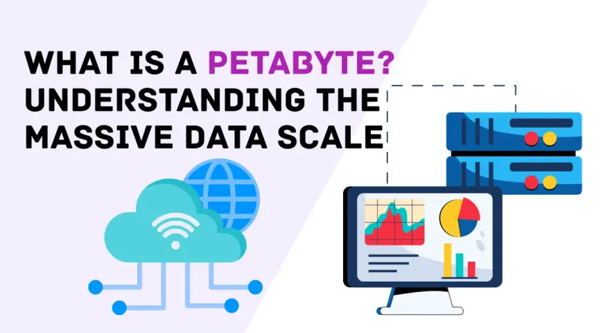 Was kommt nach Terabyte? Ein Petabyte ist eine riesige Datenmenge, dargestellt durch Server, Cloud und Computer mit Diagrammen.