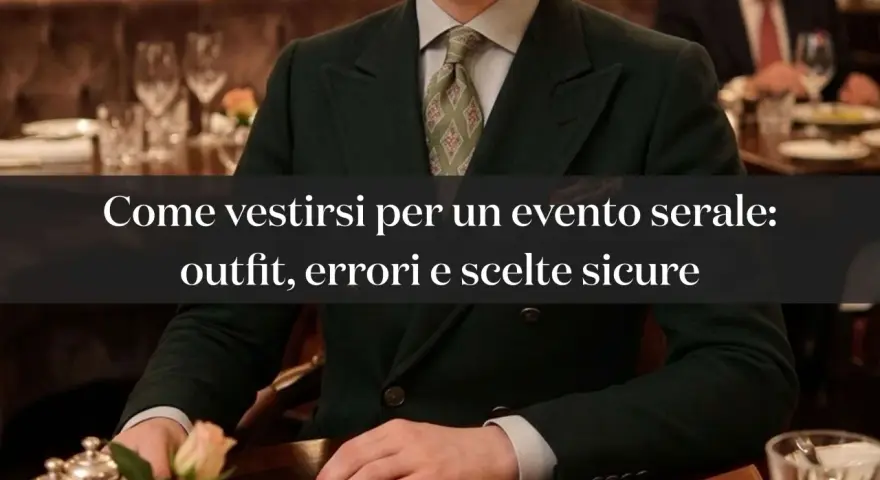 Uomo con giacca verde scuro e cravatta a rombi, perfetto per un dress code elegante serale.