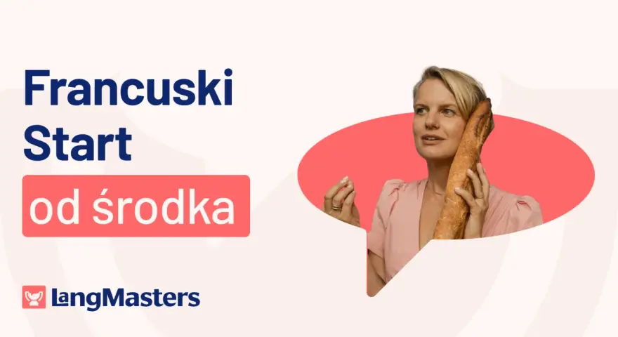 Francuski Start od środka – jak nauczyć się francuskiego? Kobieta z bagietką przy uchu, jakby rozmawiała po francusku.