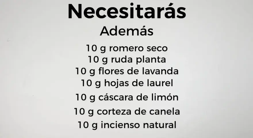 Lista de ingredientes para como hacer un sahumerio: romero, ruda, lavanda, laurel, limón, canela e incienso.