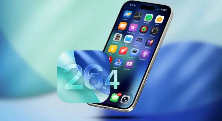 Nowe funkcje w iOS 26.4 na iPhonie: ikony aplikacji, w tym "Instamart", i powiadomienia.