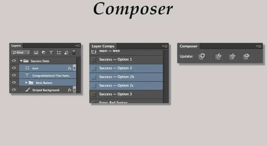 Panel "Composer" z wtyczkami do Photoshop, pokazujący warstwy, kompozycje warstw i opcje aktualizacji.