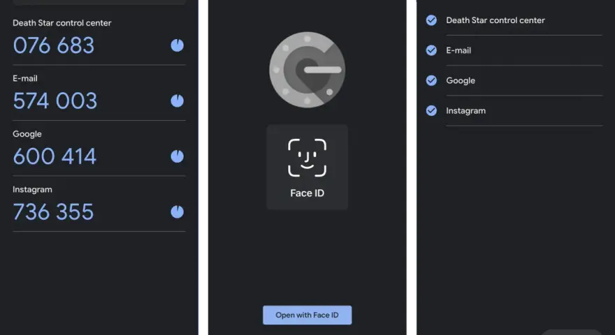 Aplikacja authenticator pokazuje kody do logowania: Death Star control center, E-mail, Google, Instagram.