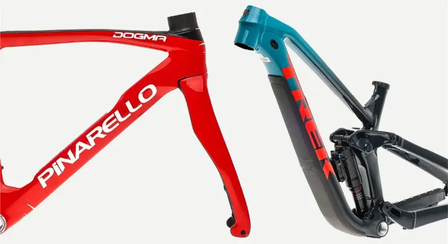 Red Pinarello carbon frame vs. teal Trek mountain bike frame.