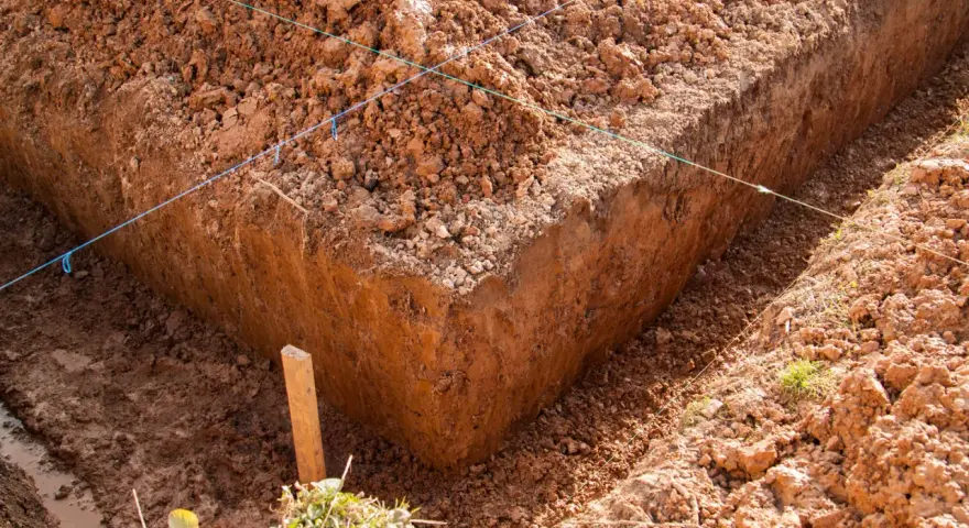 Głęboki wykop pod fundament, z widocznymi nićmi wyznaczającymi linie budowy. Widać błotniste dno i usypaną ziemię.