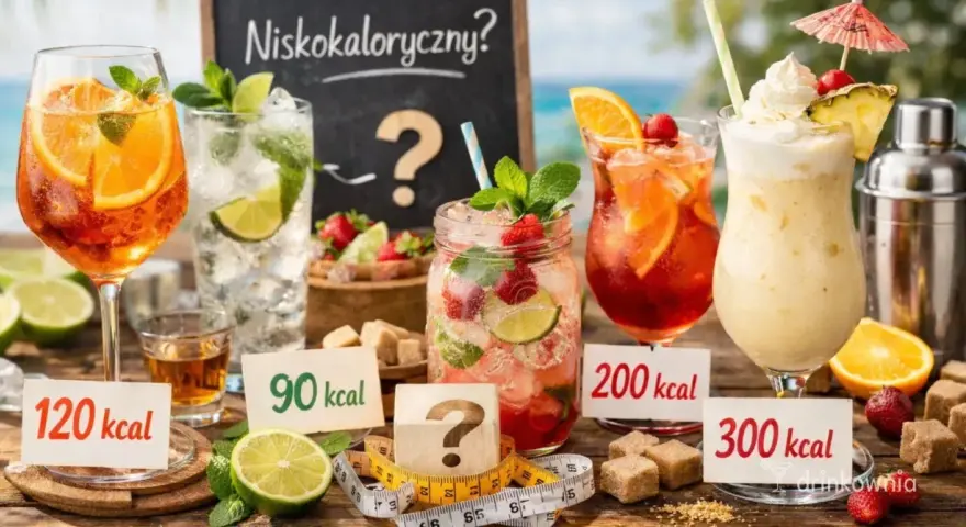 Kolorowe drinki z owocami i miętą, z etykietami kaloryczności. Czy to niskokaloryczny pornstar martini?