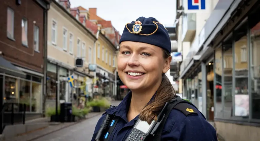 En ung poliskvinna ler mot kameran på en gata i Sverige. Hon bär uniform och utrustning, redo att rycka ut om larmet går.