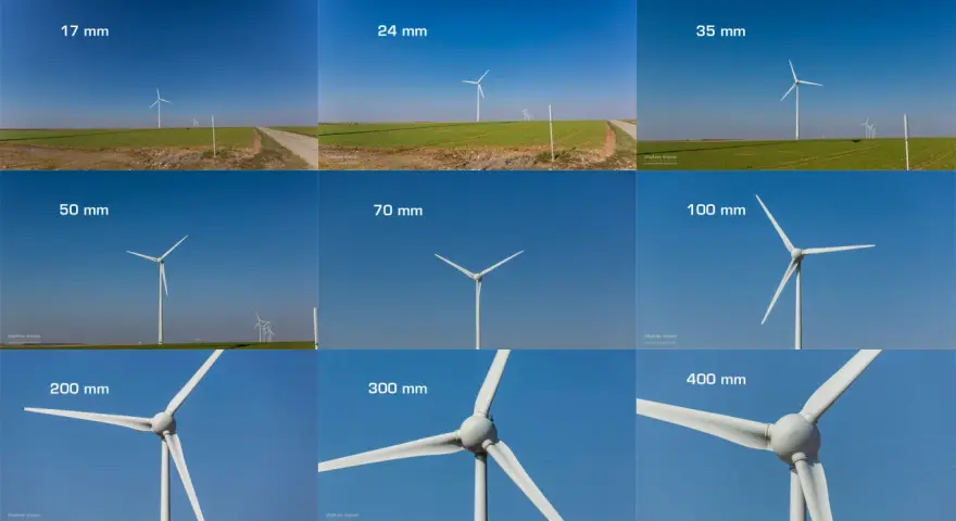 Comparaison de la distance focale sur des éoliennes : de 17 mm à 400 mm, l'effet de zoom change la perspective.