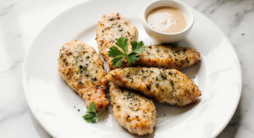 Aiguillettes de poulet dorées et assaisonnées, servies avec une sauce crémeuse. Une recette simple et savoureuse.