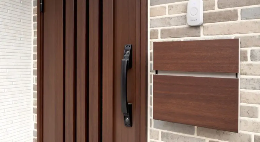 Puerta de madera oscura con tirador negro, buzón de madera y un timbre blanco. Varios tipos de timbre se pueden ver en la pared de ladrillos.