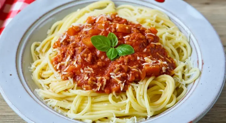 Teller mit Spaghetti Bolognese, bestreut mit Parmesan und garniert mit Basilikum. Perfekt für schnelle Bolognese für Kinder.