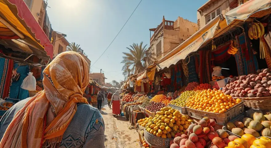 Photographie de voyage d'un marché animé, rempli de fruits colorés et de tissus. Une femme voilée observe la scène.
