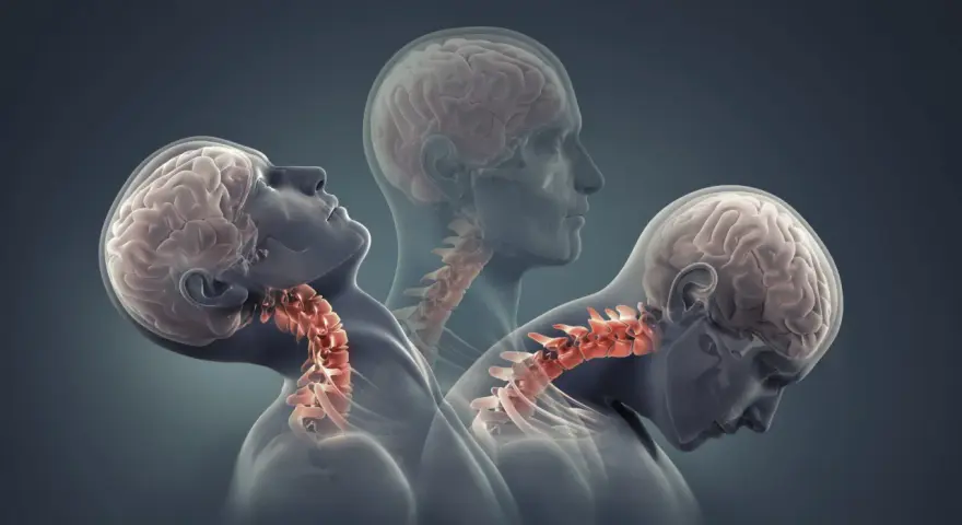 Symulacja urazu whiplash po polsku: gwałtowne ruchy głowy i szyi, ukazujące kręgosłup szyjny.