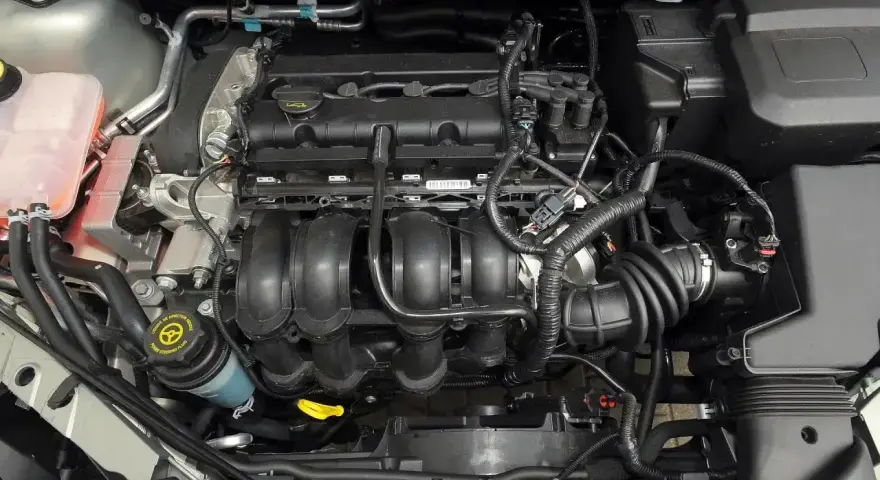 Silnik Ford Focus MK2, widok z góry. Widać kolektor dolotowy, zbiornik płynu wspomagania kierownicy i elementy układu chłodzenia.