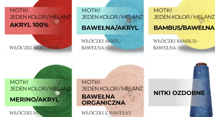 Sześć motków włóczki: akrylowej, bawełnianej, bambusowej, merino, bawełny organicznej i ozdobnych nitek. Idealne do szydełkowania, np. szydełko prym.