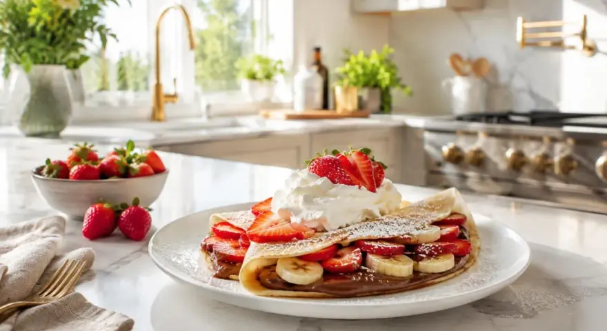 Crepe doblada con fresas, plátano y nata, perfecta para una receta crepes para 2. Espolvoreada con azúcar glas.