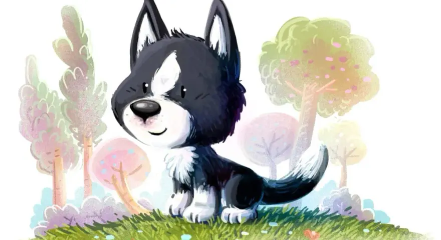 Uroczy szczeniak rasy border collie siedzi na trawie wśród kolorowych drzew. Wesołego 26 sierpnia dnia psa!