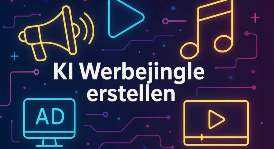 KI-gestützte Erstellung von Musik für Werbung. Icons für Megafon, Play-Button, Noten und Bildschirm mit "AD" zeigen die Möglichkeiten.