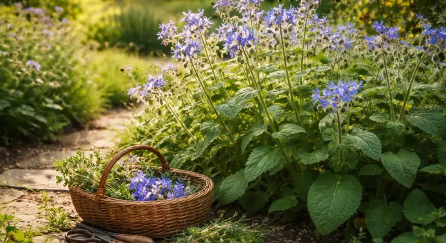 Ein Korb mit frisch geschnittenen Kräutern und blauen Blüten, darunter ein zarter borretsch keimling, liegt neben einer Gartenschere auf einem Steinweg.