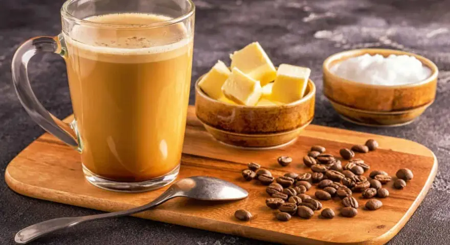 Ein Glas Bulletproof Coffee mit Butterwürfeln, Kokosöl und Kaffeebohnen auf einem Holzbrett.